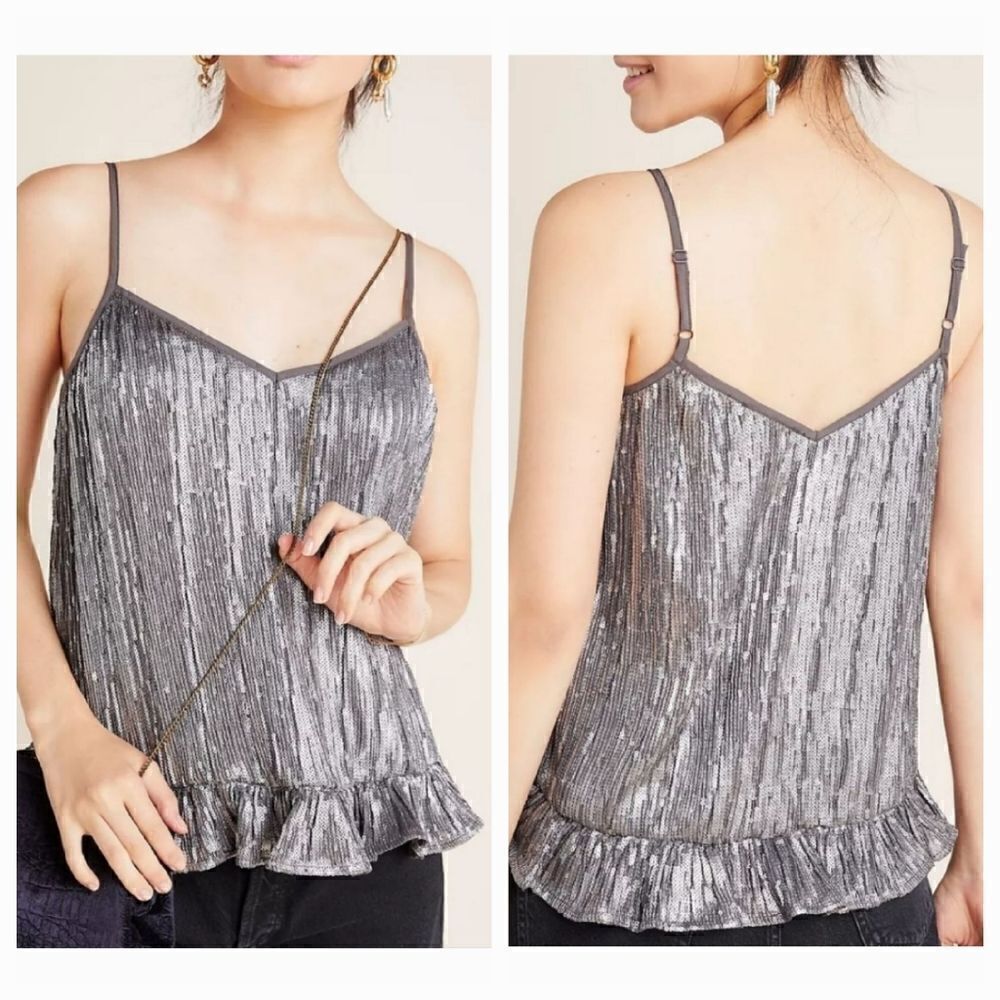 NEW Anthropologie Amelie Sequin Cami Ruffle Tank Top in Silver Gray Size 00P